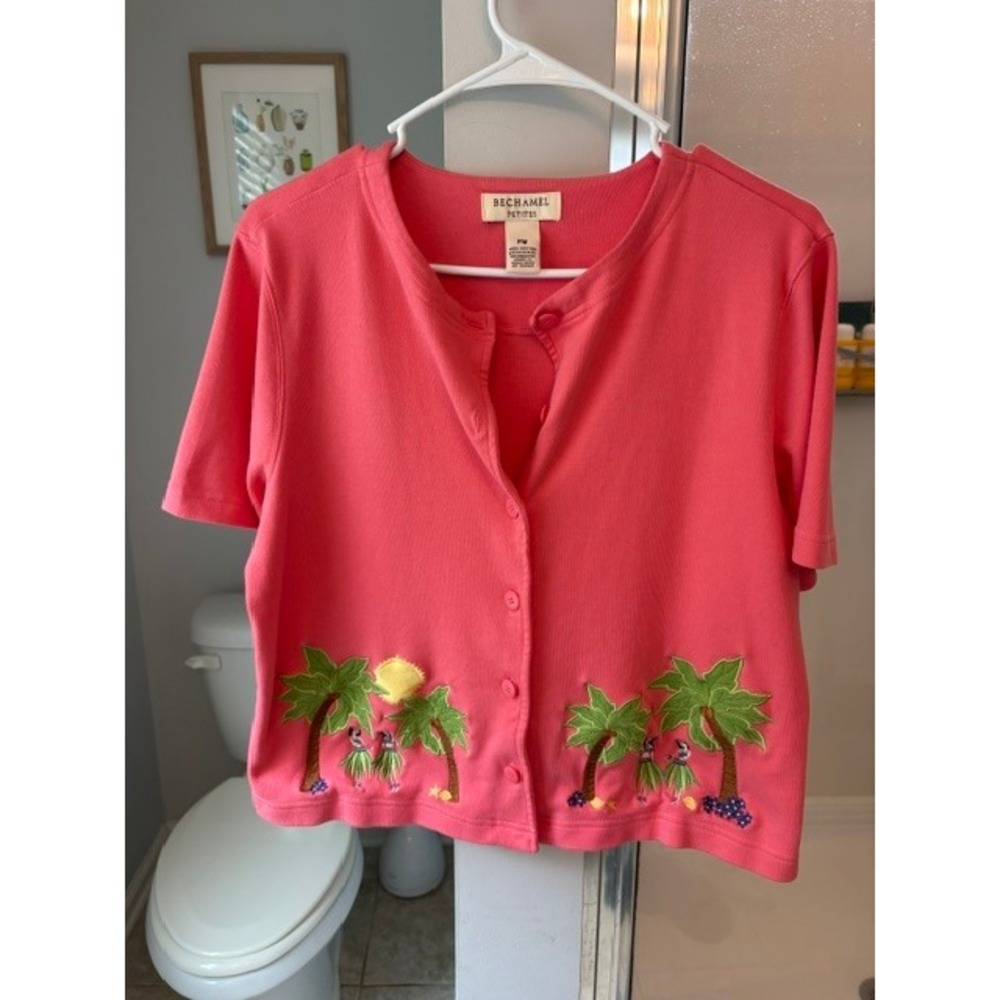 Vintage Bechamel Petites PM Tropical Hula Palm Tree Embroidered Cotton Cardigan‎